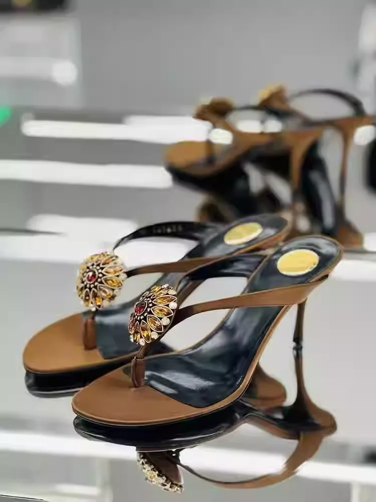 

Green/Brown Thong Sandals Crystal Flower Embellished High Heels Open Toe Summer Beach Party Evening Wedding Fashion Women Shoes