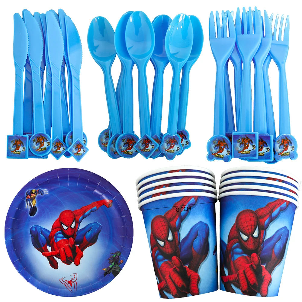 Spiderman Birthday Decorations Party Disposable Tableware Supplies Fork Spoon Knife Paper Napkin Plates Cup Toys for Girl Boy