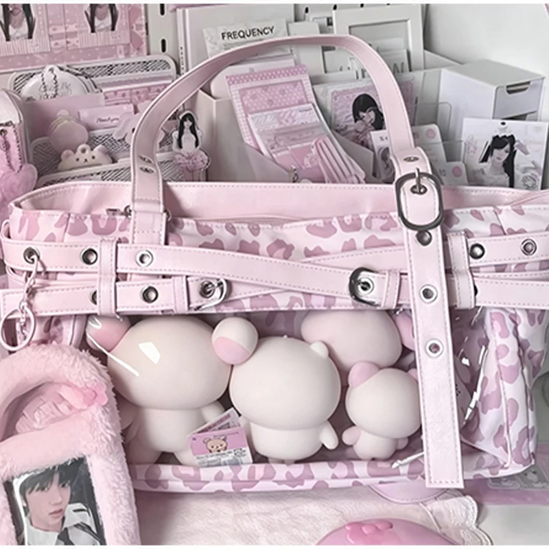 Polka Dot Ita-Tasche mit transparentem Sichtfenster, Damen Anime-Schultertasche, Lolita-Handtasche für Mädchen, Kawaii-Geldbörse mit Gürtelschnallendesign – Detail 6