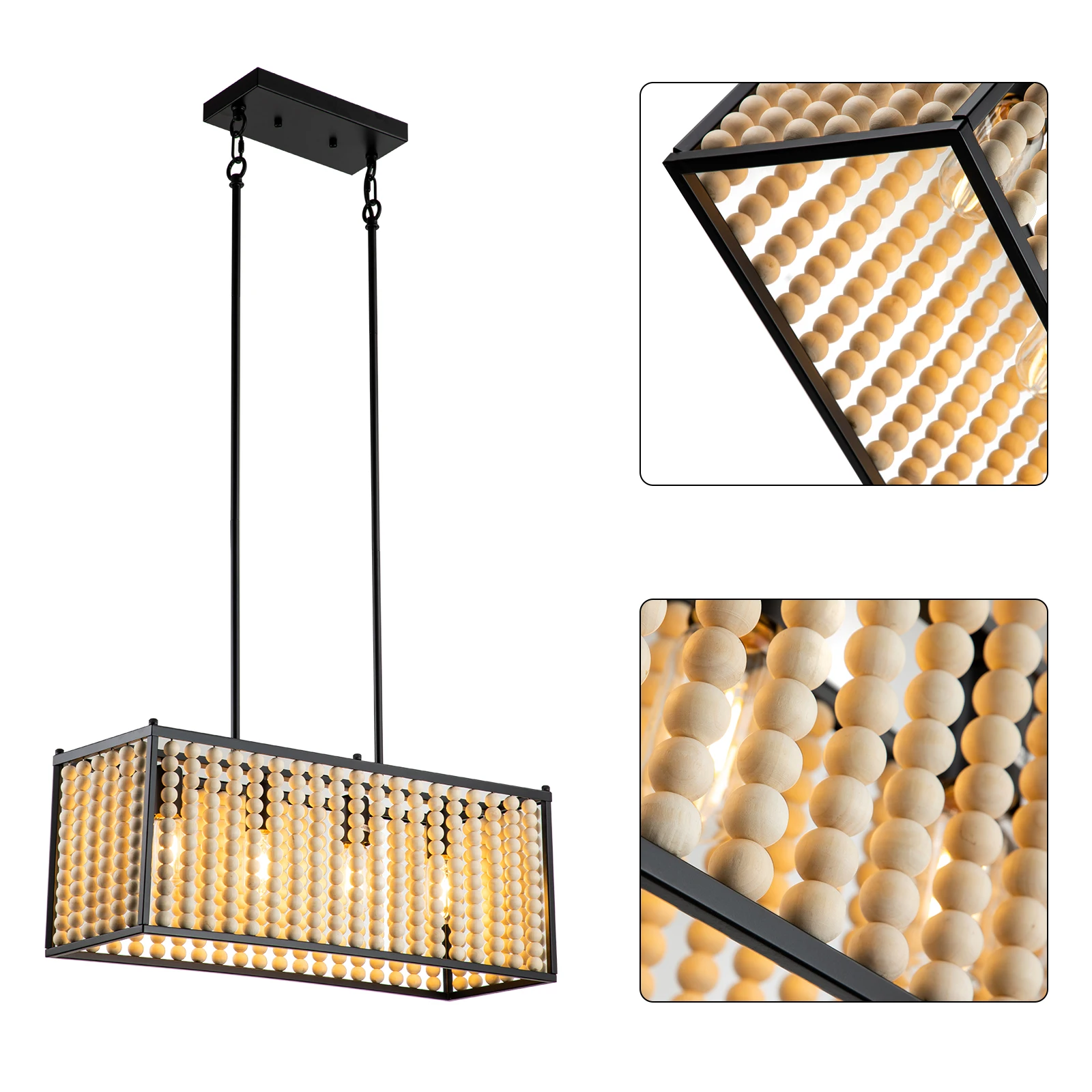 木製ビーズシャンデリア 4灯 24インチ ボヘミアンシーリングライト 高さ調節可能 20-44インチ リビングルーム ダイニングルーム 寝室用