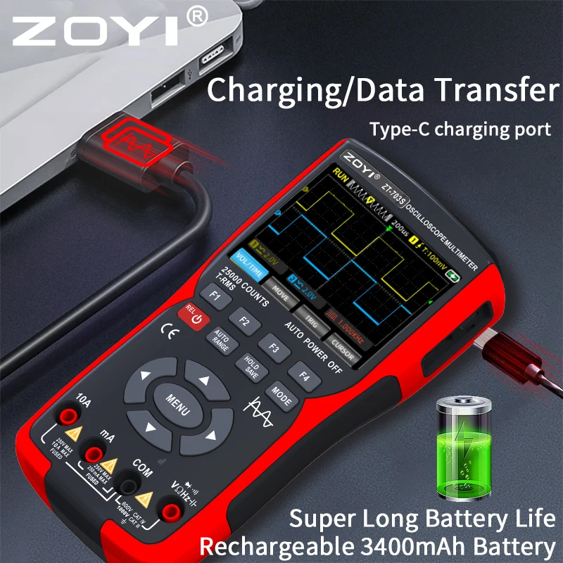 ZT-703S 3 in 1 Handheld Oscilloscope Automotive Dual Channel 50MHz with Digital Multimeter and Signal Generator Tester