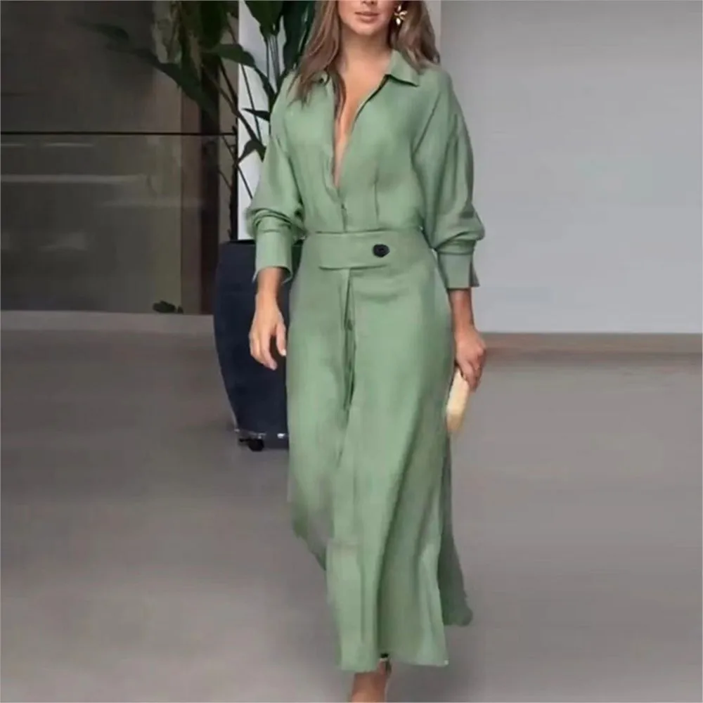 Fashion Dress For Women Luxury Elegant Solid Evening Dresses 2024 Spring New Party Slit Chic A-line Long Sleeve Shirt Dress Robe