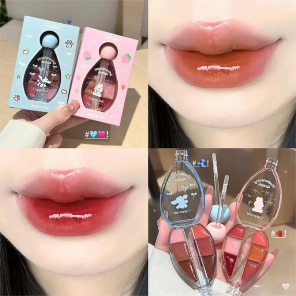 Fashion 6-Color Lip Tint Mirror Crystal Jelly Silicone Lip Brush Lip Gloss Makeup Palette Moisturizing Lip Makeup Gift