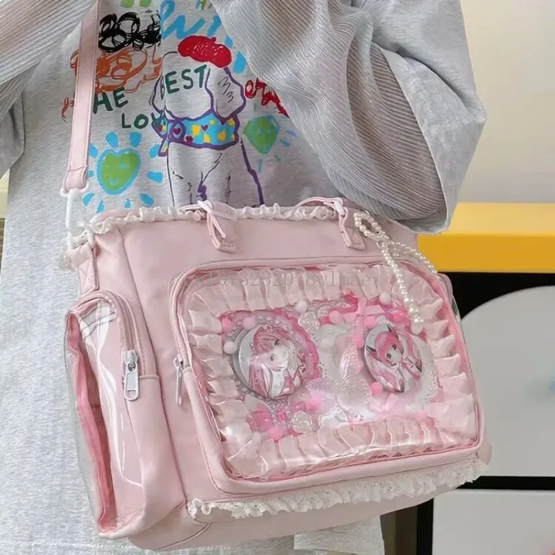 اليابانية الحلو لوليتا فتاة Ita حقيبة سعة كبيرة شفافة حقائب اليد عادية موضة كلية حمل حقيبة DIY بها بنفسك شارة حقيبة كتف #6