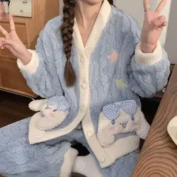 Anime Cute Pompompurin Cinnamoroll Pajamas Suit Sanrioed Kawaii Cartoon Plush Homewear Women Winter Flannel Girls Warm Nightwear