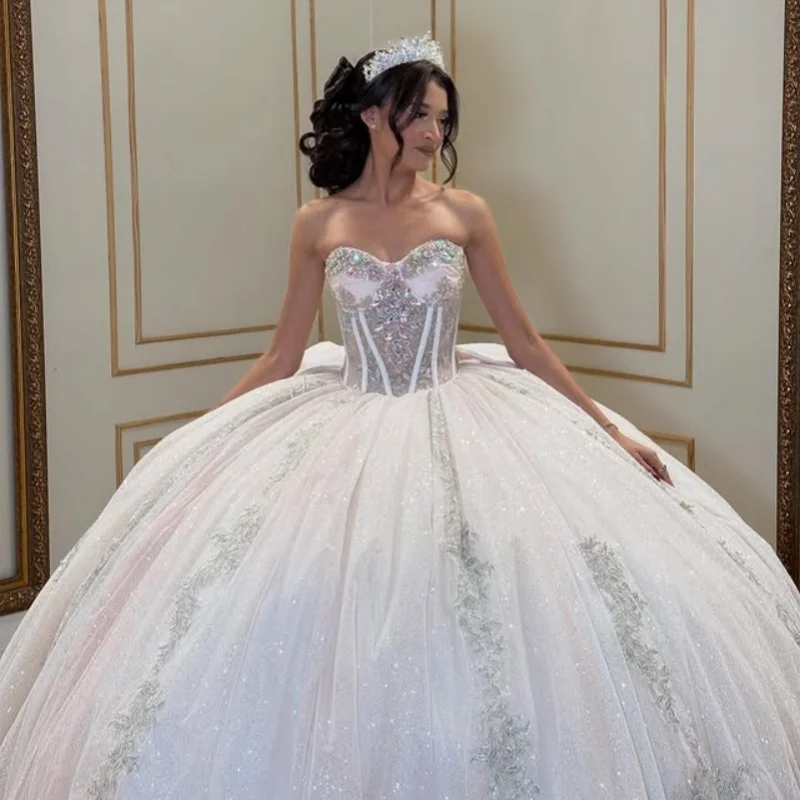 

Shiny light color Quinceanera Dress off-shoulder crystal glitter flower decal Tull Bow vestidos de 15 Quinceanera ﻿Customized