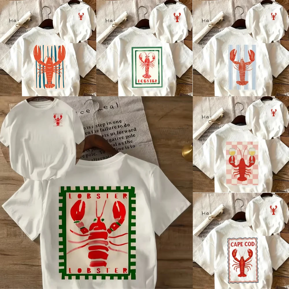 Women's T-shirt Retro Lobster Graphic T-Shirt, Cute Seafood Print Front & Back Casual Crew Neck Top, Summer & Daily Travel Wear
