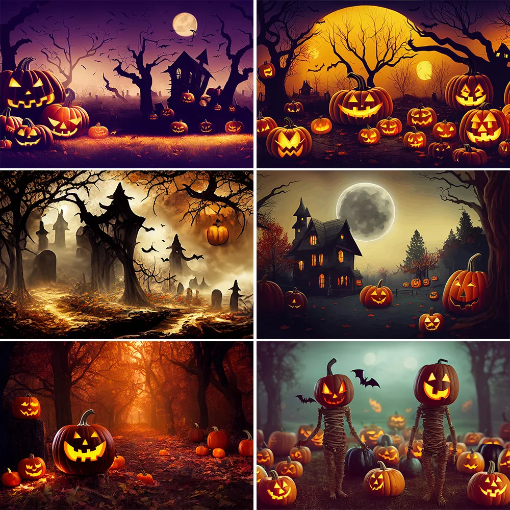 

Bonvvie Halloween Photography Backdrop Tomb Castle Witch Bat Terrible Night Pumpkin Lantern Baby Portrait Background Photocall