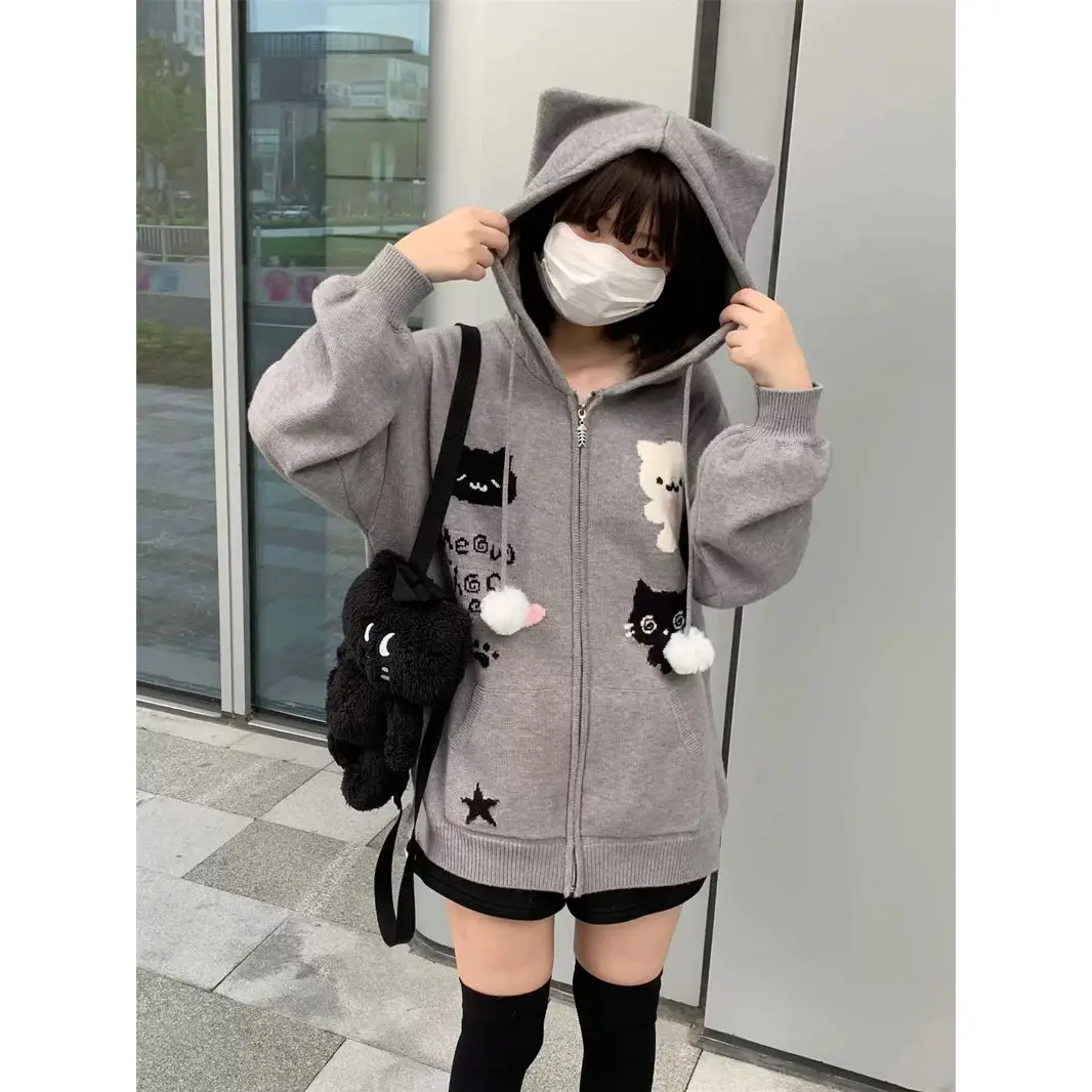 Women Y2k Gray Kawaii Eat Hooded Loose Sweaters Coats Cardigan Long Sleeve Cartoon Cat Korean Preppy Style Sueter Mujer