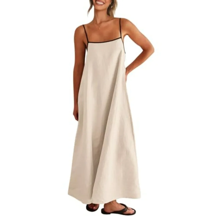 Vestido Maxi de Lino para Mujer Shy Velvet, Verano 2026, con Tirantes Finos en Contraste, Espalda Descubierta, Casual, para Fiesta o Playa