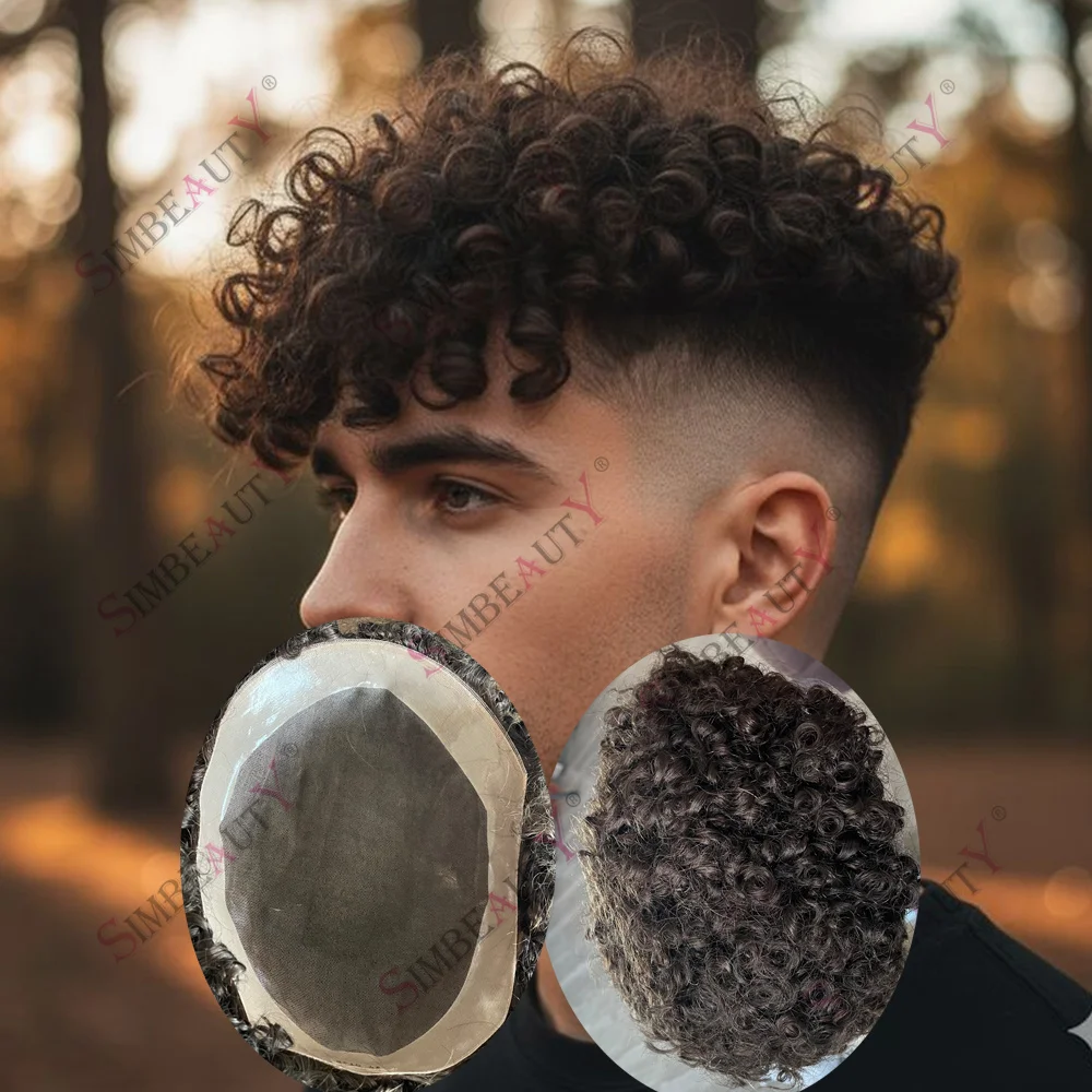 

Men's European 20mm/18mm Curly Undetectable Breathable Fine Mono Toupee 15mm Light Brown Natural Human Hair Replacement Systems