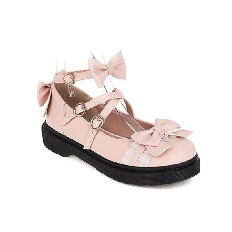 

Girls Leather Shoes Cross Strap Women Low Heel Mary Jane Shoe Wedding Party White Pink Ruffles Bow Princess Cosplay Lolita Shoes