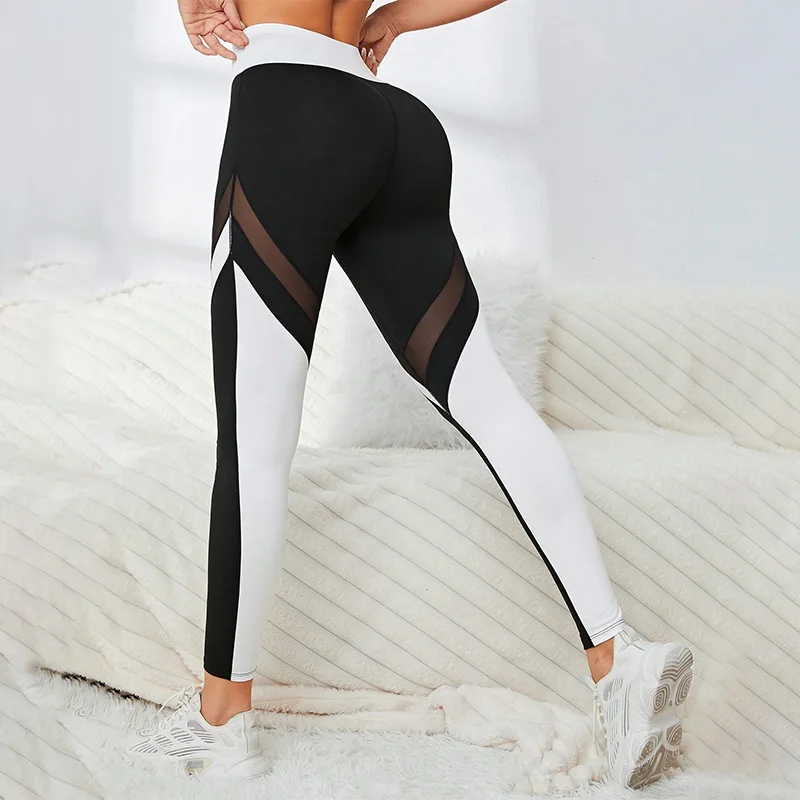 Mesh Colorblocked Yoga-Hose mit hoher Taille, Leggings für Damen, Bauchkontrolle, Workout-Leggings für Damen