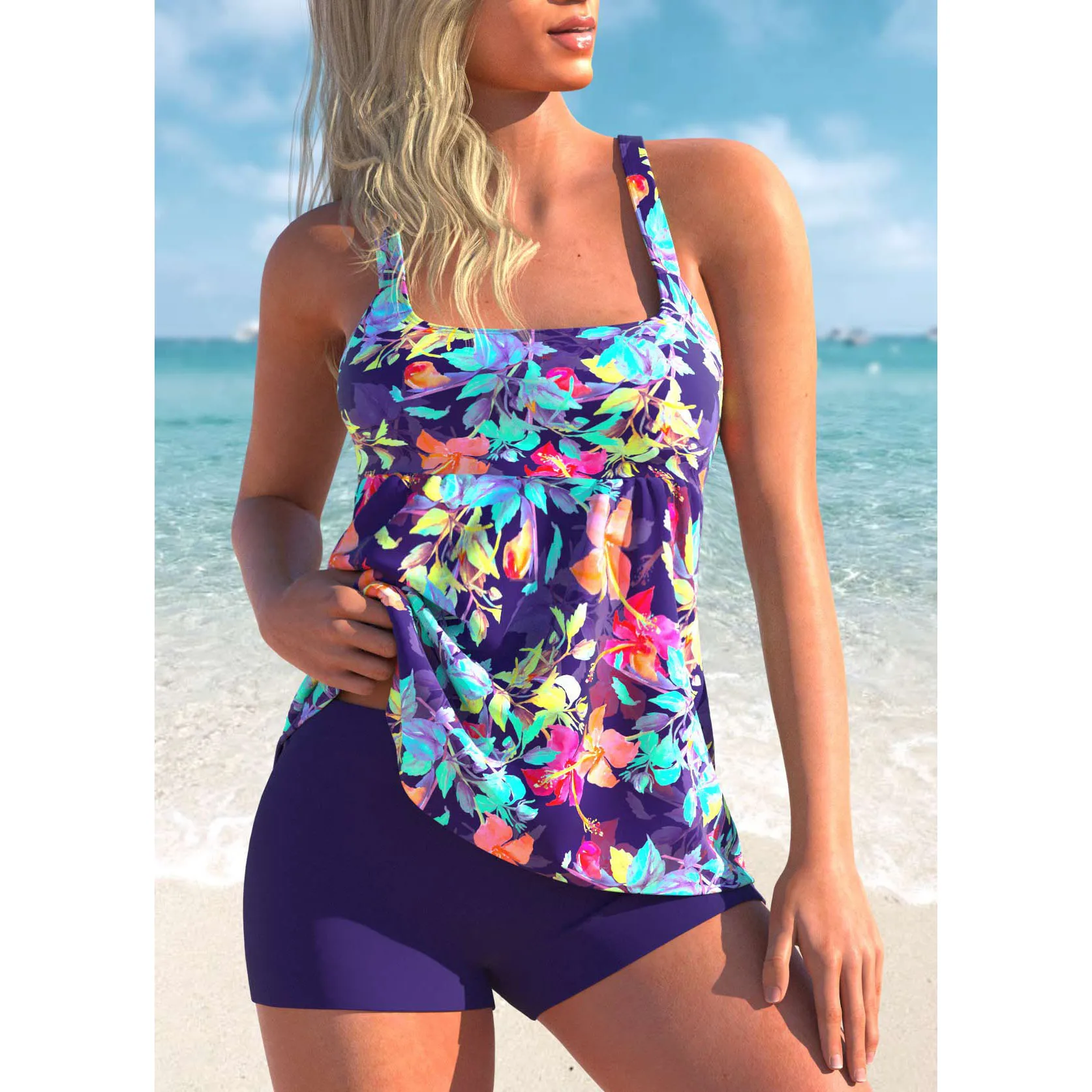 Two Piece Women's Tropical Print Bikini Set Summer Vacation Swimsuit Lady Print Tankini Tops  Summer Beach Swimwear