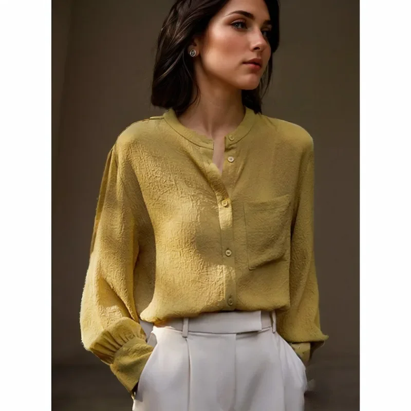 

2024 Autumn Casual Pleated Simple Shirt Women Vintage Lantern Long Sleeve Blouse with Pocket O Neck Tops New 30039