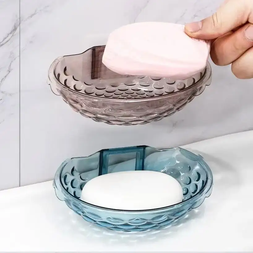 Wall Mounted Self Adhesive Transparent Acrylic Soap Holder Bathroom Accessory With Drain Feature Household Soap Dish Sponge