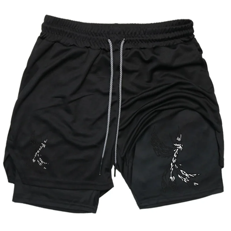 Pantalones Cortos Deportivos 2 en 1 Phoenix Print para Hombre, para Gimnasio, Entrenamiento, Secado Rápido, para Deportes al Aire Libre, con Bolsillos, Estilo Bermuda