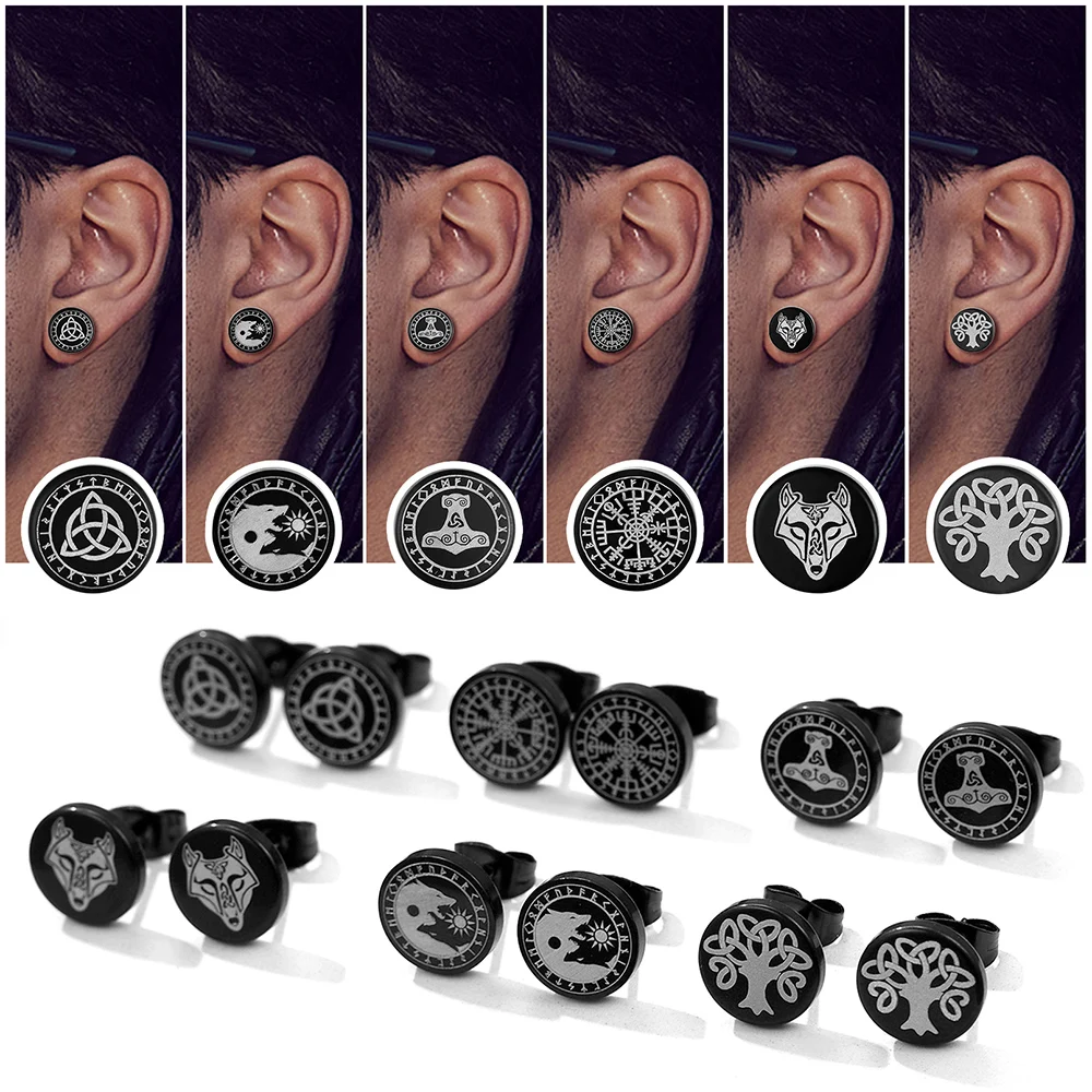 6pairs/set Black Round Stud Earrings Skull Celtic Cross Star of David Viking Wolf Tree Fighter Eye of Horus Unisex Jewerlry QC24
