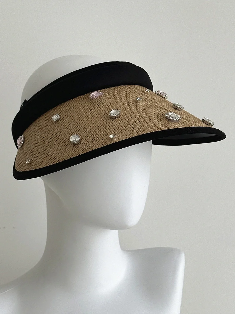 女性用フラットフィッシングハット-エレガントなダイヤモンド装飾ストローサンシェード-uvカット-大きなつば付き帽子-夏用トラベルキャップ