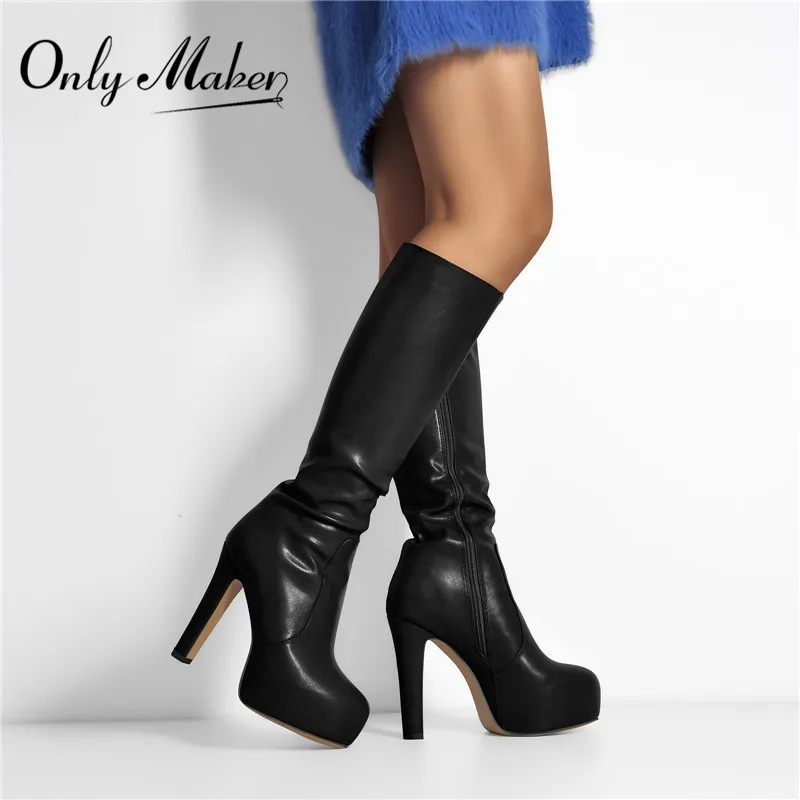 Onlymaker Women Knee High Boots Round Toe Black Matte Leopard  White Side Zipper Winter Fashion Party Dress Big Size Boots