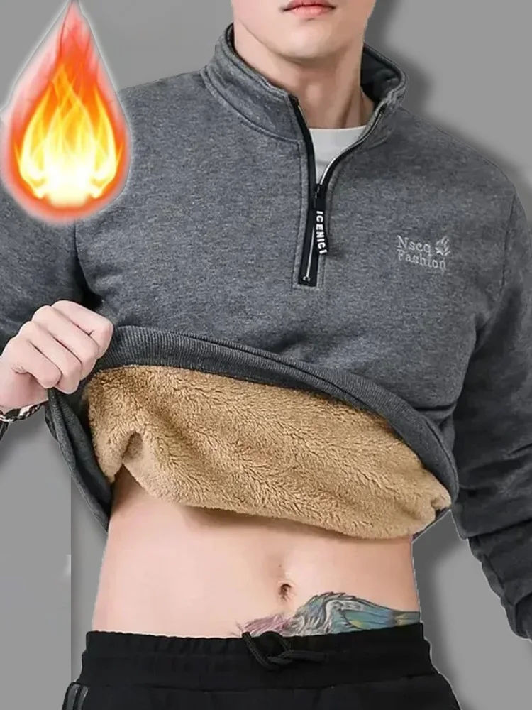 الشتاء البلوز الرجال طويلة الأكمام الرجال صوف مبطن البلوز الدافئة لون نقي الربع البريدي البلوز رشاقته حجم كبير 8XL #1