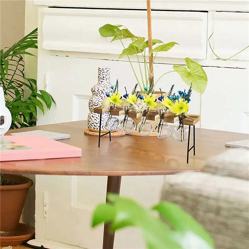 A96K-3X Propagation Stations Desktop Air Plant Terrarium, Glass Planter Bulb Glass Vase With Wooden Stand - Plant Terrarium