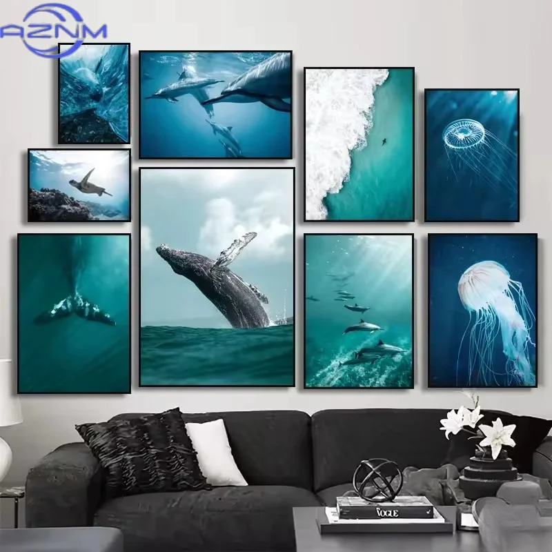 Nature Ocean Animal Whale Breaching Tail Dolphin Wall Art Canvas Painting Waves Seascape Turtle Poster Living Room Home Decor