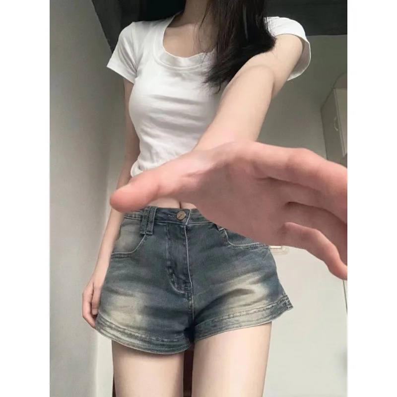 

American Style Retro Washed Do Old Cowboy Shorts Women's Summer High Waist SlimmingaWord All-Match Hot Pants Little Hot