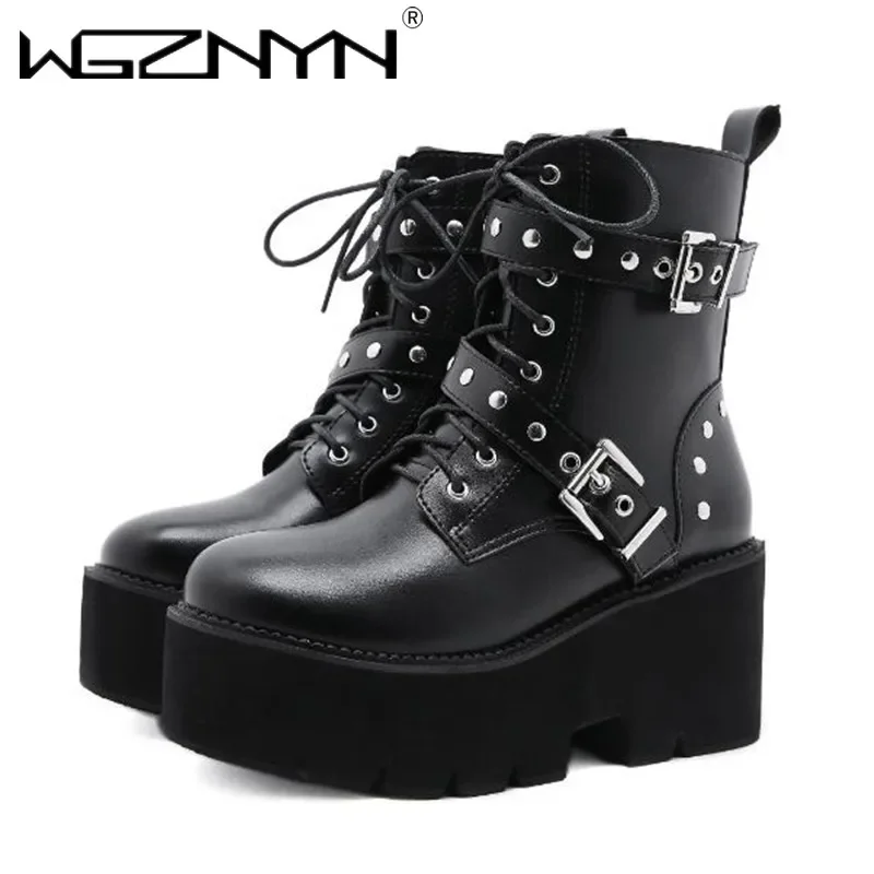 2025 Autumn Winter Lace Up Elastic Leather Shoes Women Punk Goth Ankle Boots Sexy High Heels Balck Platform Shorts Botas Mujer