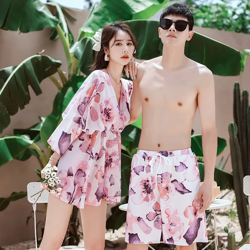 New Matching Swimsuits for Couples Three-Piece Swimwear with Ruffle Beach Cover Ups Print Swim Trunks Shorts Men Bathing Suits