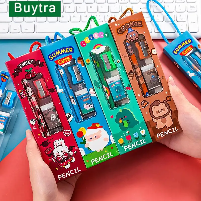 5Pcs Portable Stationery Set Cartoon Pencil Ruler Sharpener Eraser Set Gift for Kids School Office Writing Prize Stationery Set