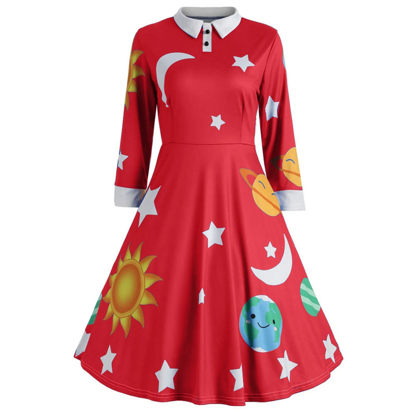 Women'S Vintage Collar Planet Print A-Line Flare Party Dress Rockabilly Prom Party Dresses Retro Feminino Vestidos Robe Boho