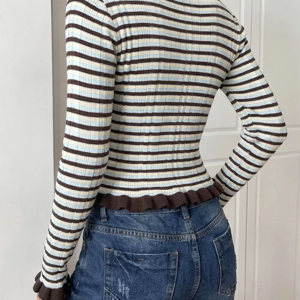 Casual Vintage Stripe Knitwear Sweater Women O Neck Flare Sleeve Pullover Slim Fit Autumn Soft Cotton Fashion Top