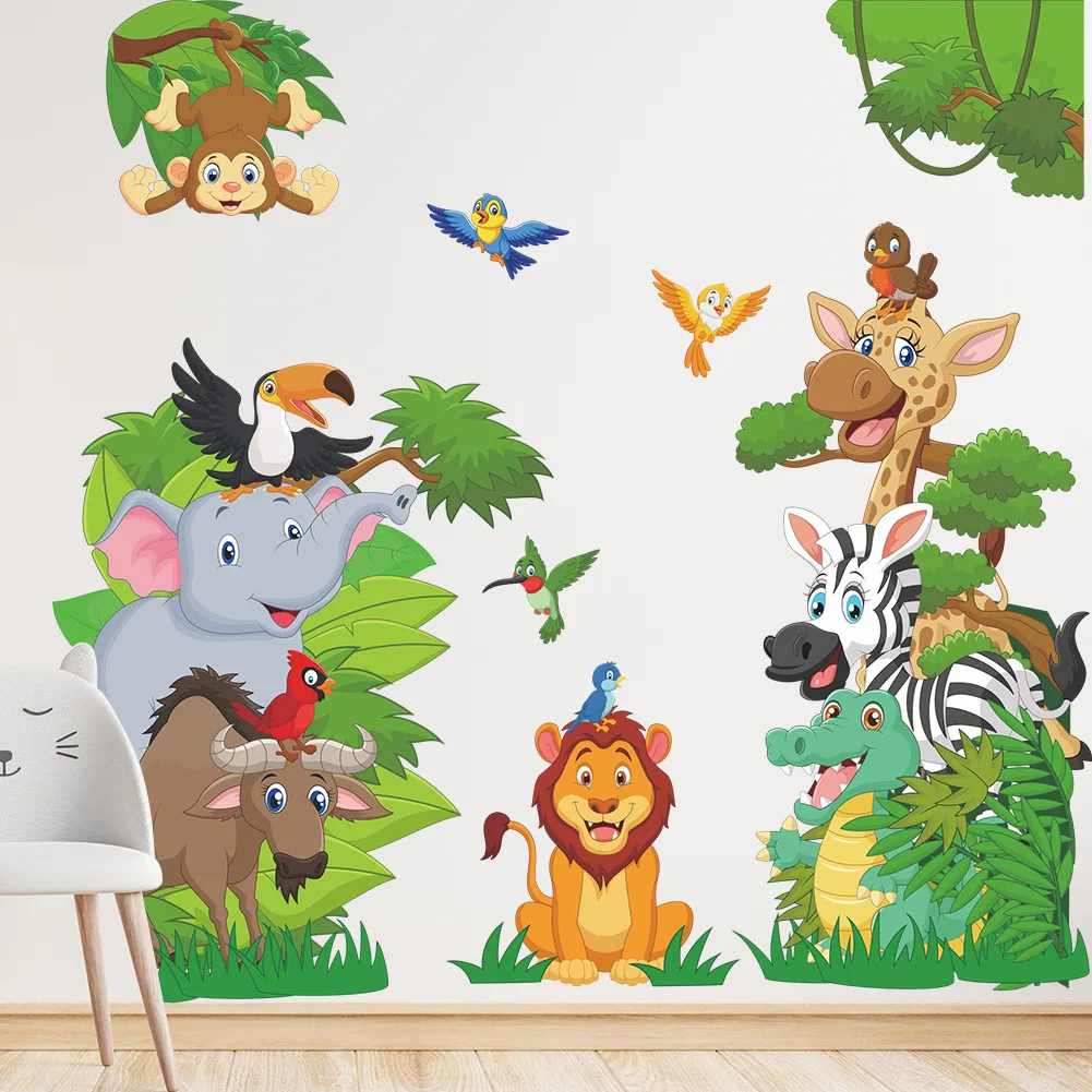 Large Cute Forest Animals Wall Stickers for Children Boys Girls Baby Room Decoration Elephant Giraffe Monkey Butterfly Wallpaper