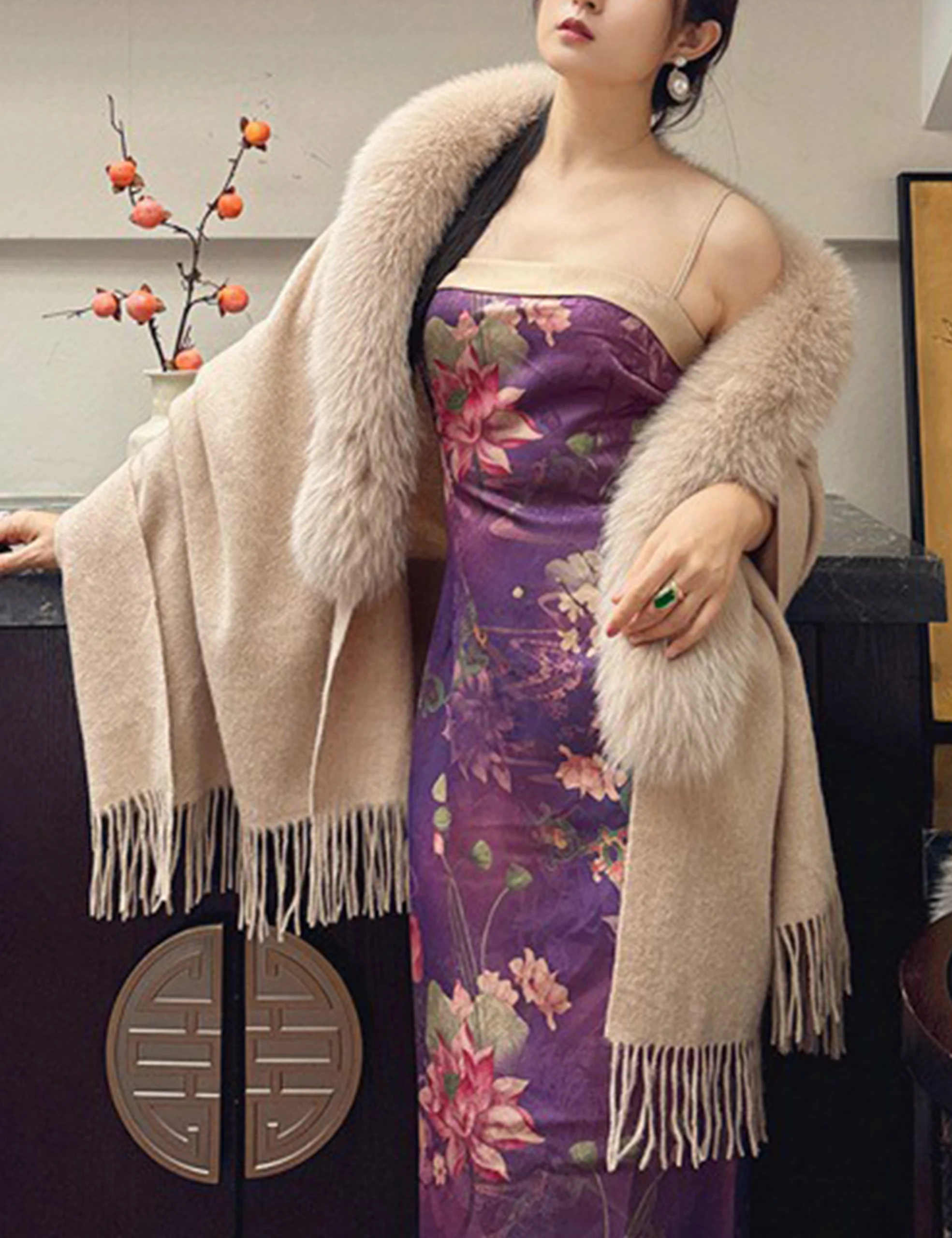 Châle enveloppant pour femmes, automne et hiver, avec pompon, col en vraie fourrure de renard, manteau Cape en laine, veste de mariée