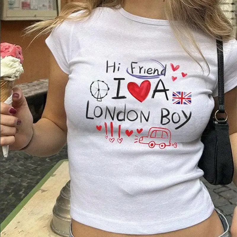

Women I love A London boy Letter print Gothic Girl Crop Top Short Sleeve T-Shirt Y2k style Clothes Streetwear Aesthetic Baby Tee