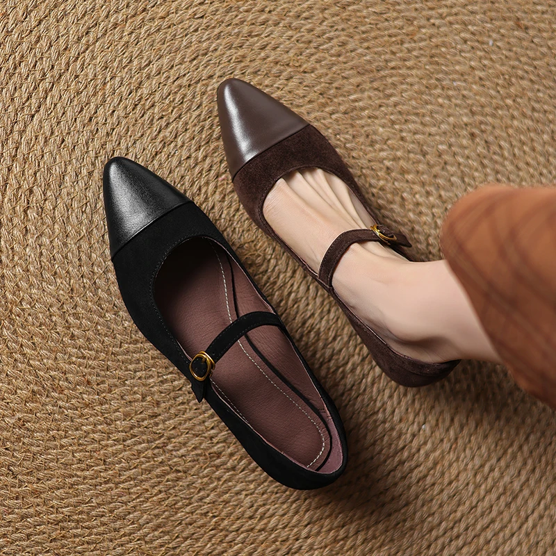 2026 spring autumn women pumps natural leather plus size 22-26.5 cm kid suede+pigskin pointed toe buckle mary janes women shoes