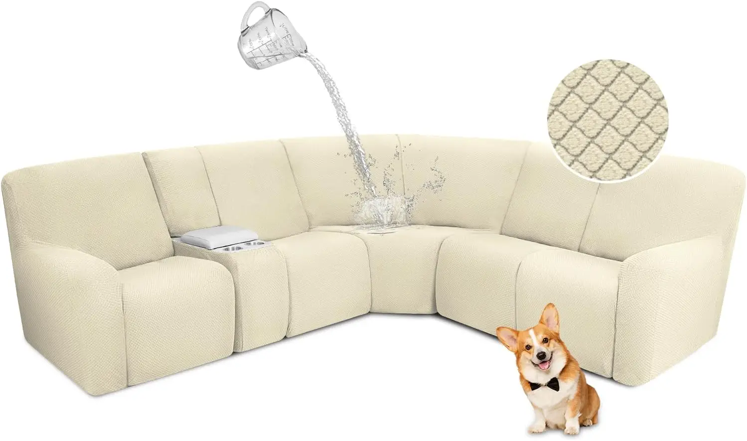 Housse de canapé sectionnelle inclinable et imperméable, extensible, en forme de L, lavable, protection pour chien de compagnie, 5 places, 1 Console, Beige
