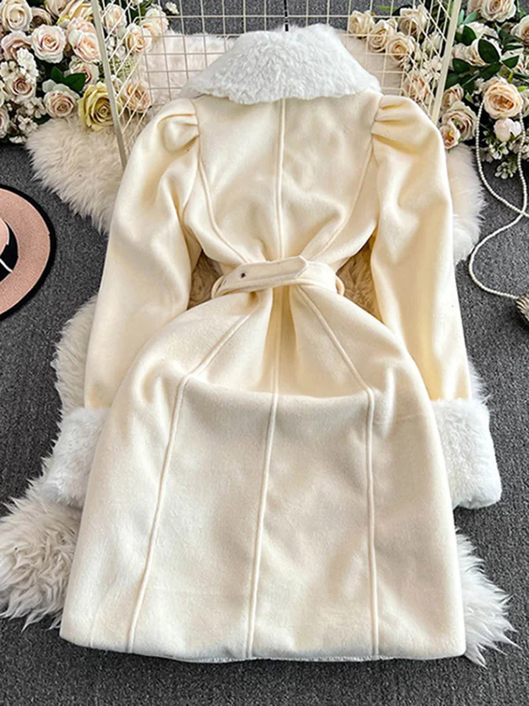 EWQ Winter Fashion Faux Fur Spliced Long Coat Women Belt Gather Wahst Thick Warm Jackets Office Lady 2024 New Clothing 27X1576