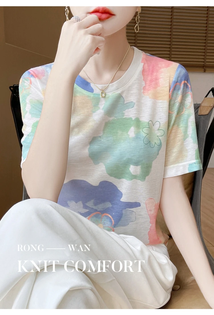 Summer New Women's Round Neck Printed Knitted Short-Sleeved Thin T-shirt Loose Bottoming Shirt