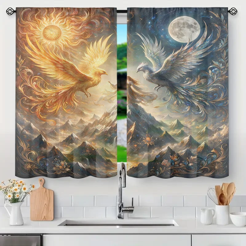 Decorative Sheer Curtains Pair Fantasy Art Panels Sun Moon Phoenix Mountain Landscape Boho Home Decor Room Window Covering Windo