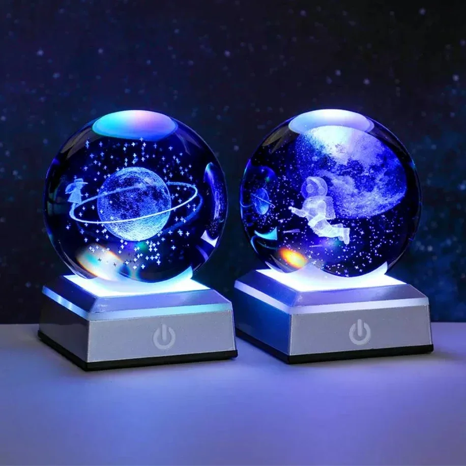 Crystal Ball Glowing Planet Galaxy Astronaut 3D Moon USB Atmosphere Tabletop Decorations Kids Gifts