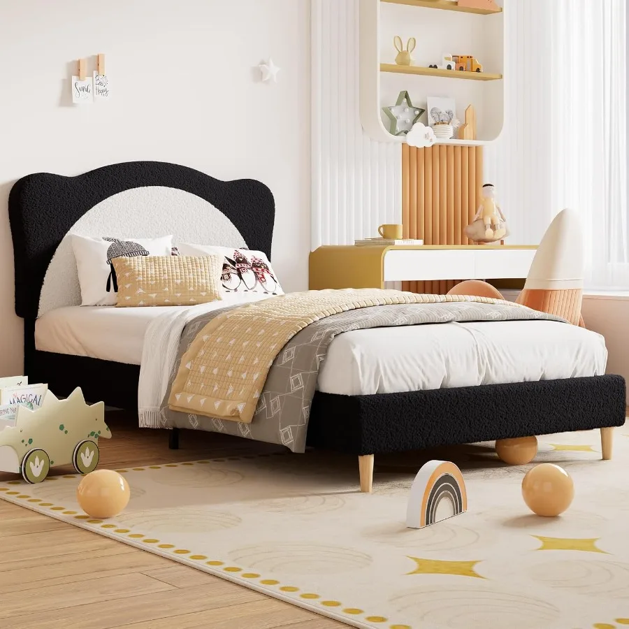 Twin Size Bed Frame for:Velvet Princess Platform Bed with Upholstered Headboard, Wood Slats Support, No Box Spring Needed, Pink