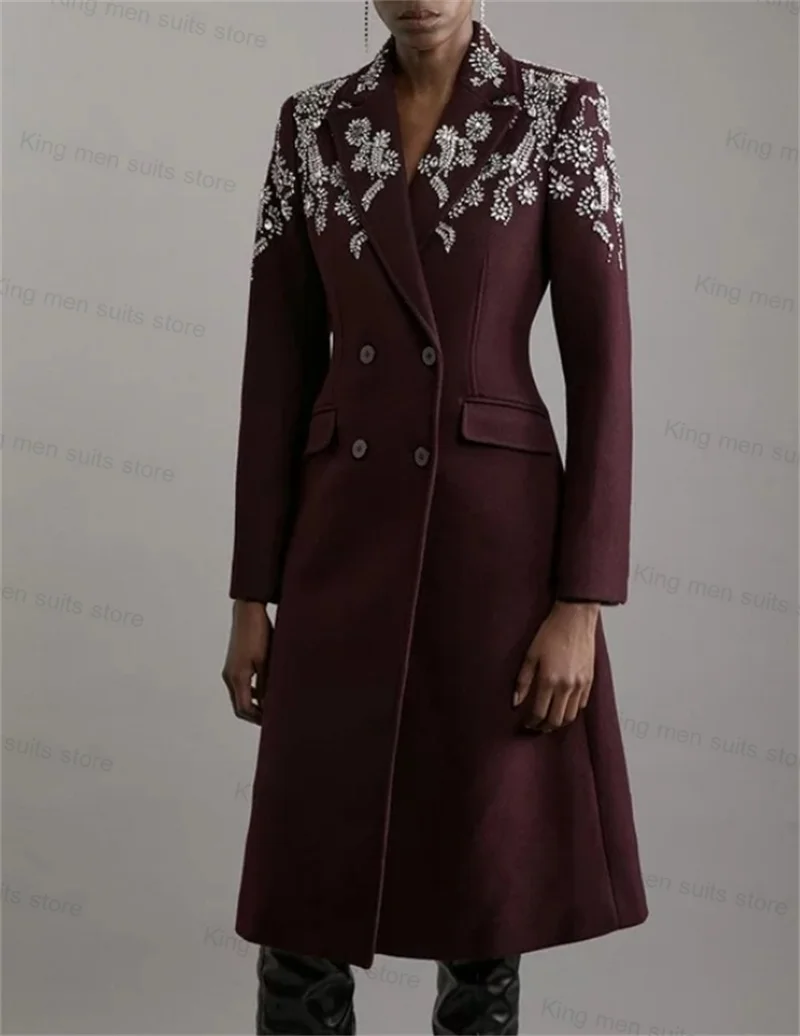 

Burgundy Cashmere Women Suit 1 Piece Long Blazer Crystals Customized Formal Office Lady Jacket Woolen Winter Overcoat Prom Dress