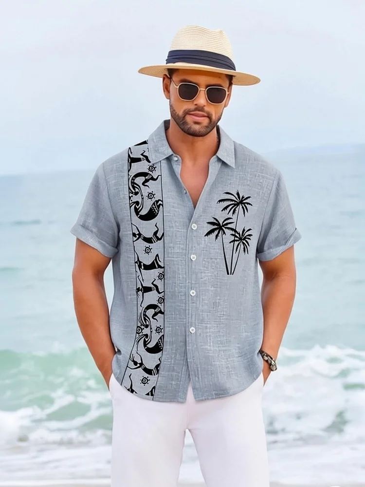 

Men's Linen Hawaiian Beach Shirt Lapel Collar Short Sleeve Coconut Tree Clover Print Outdoor Vacation Spring Summer Man Clothing