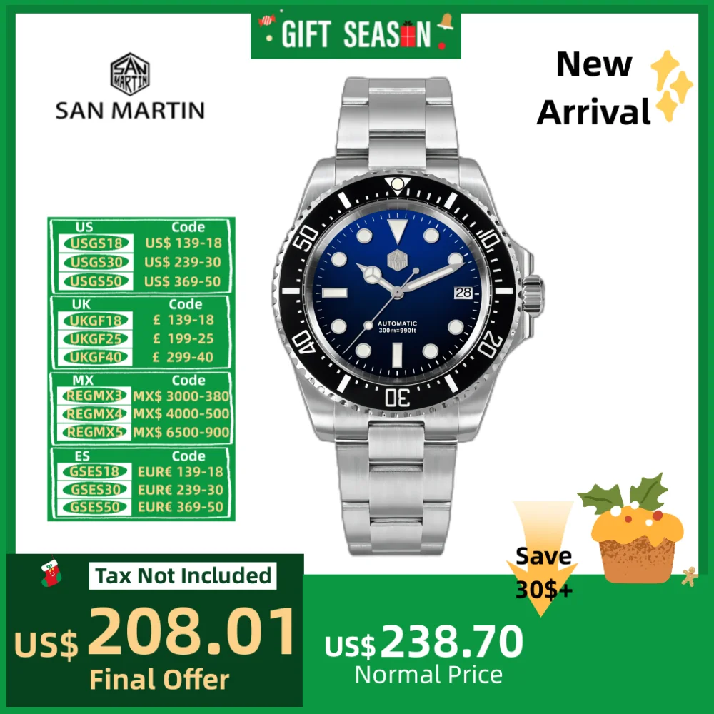 San Martin 40mm 3H NH35 Date Men Diver Watch Mechanical 300M Waterproof Wristwatches BGW-X1 Super Lume Reloj Hombre SN0111GA-3