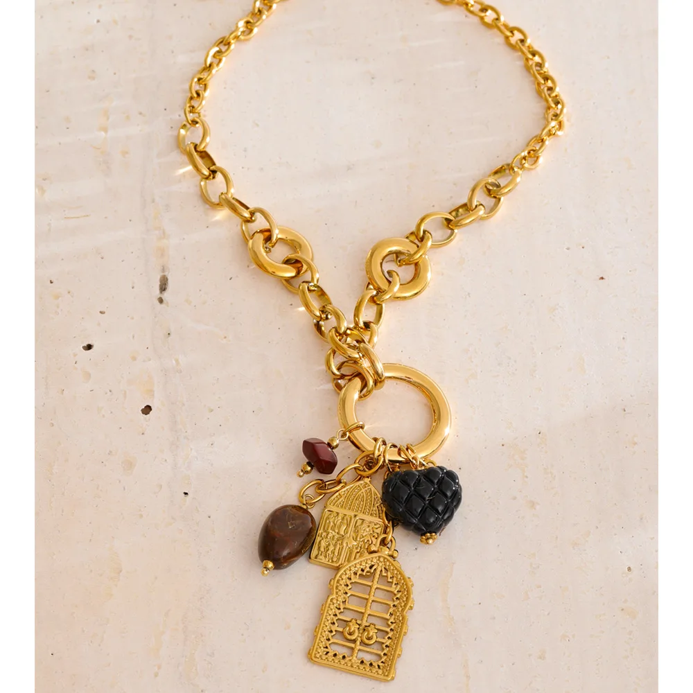 Yhpup Resin Heart Geometric Charm Pendant Statement Necklace Handmade Stainless Steel Stylish Unique Distinctive Trendy Jewelry