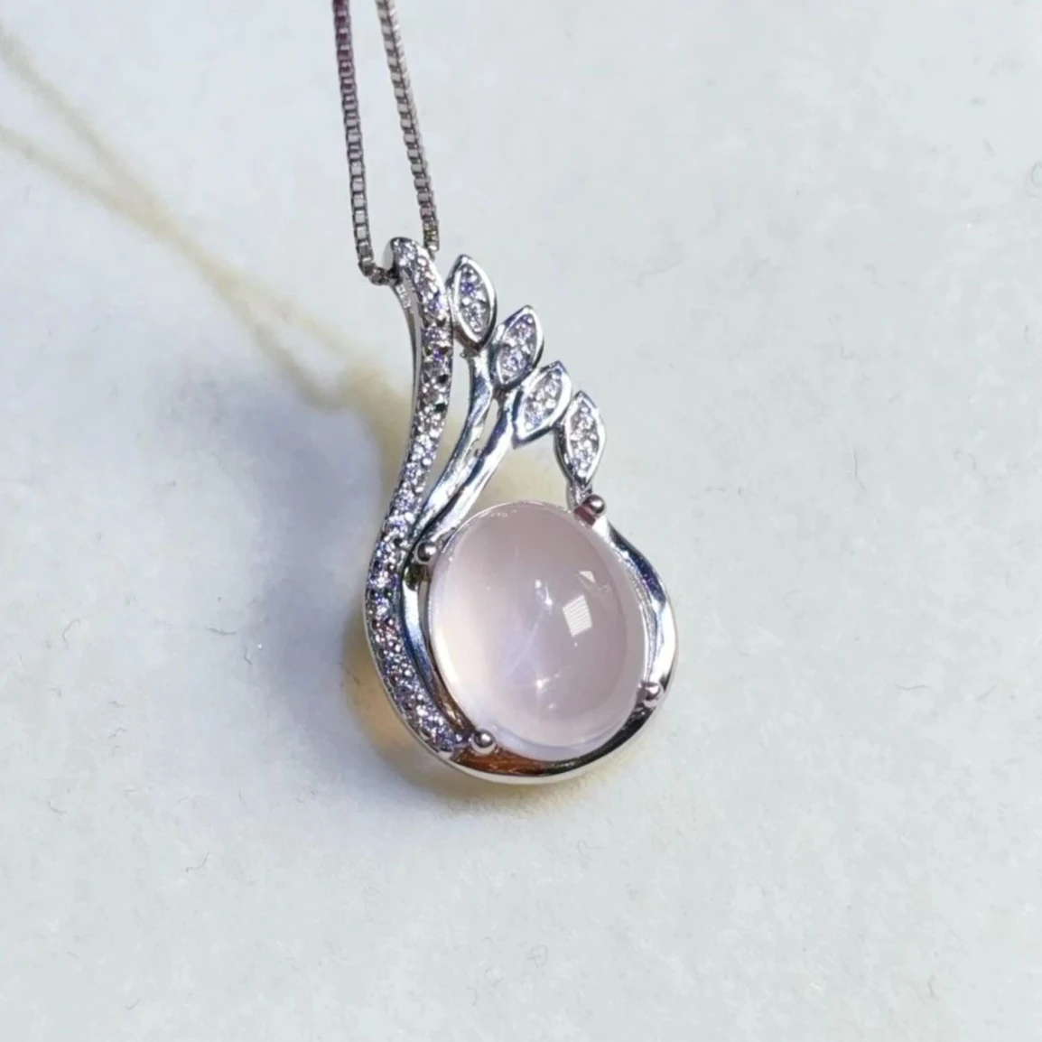 

925 Silver Quartz Pendant Natural Rose Quartz Pendant with 45cm Silver Necklace Birthday Gift for Women