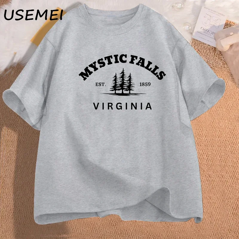 Mystic Falls Virginia T-shirt Cotton Women Men Salvatore Vampire Diares Damon T Shirt Virgina Print Tshirts Womans Clothing