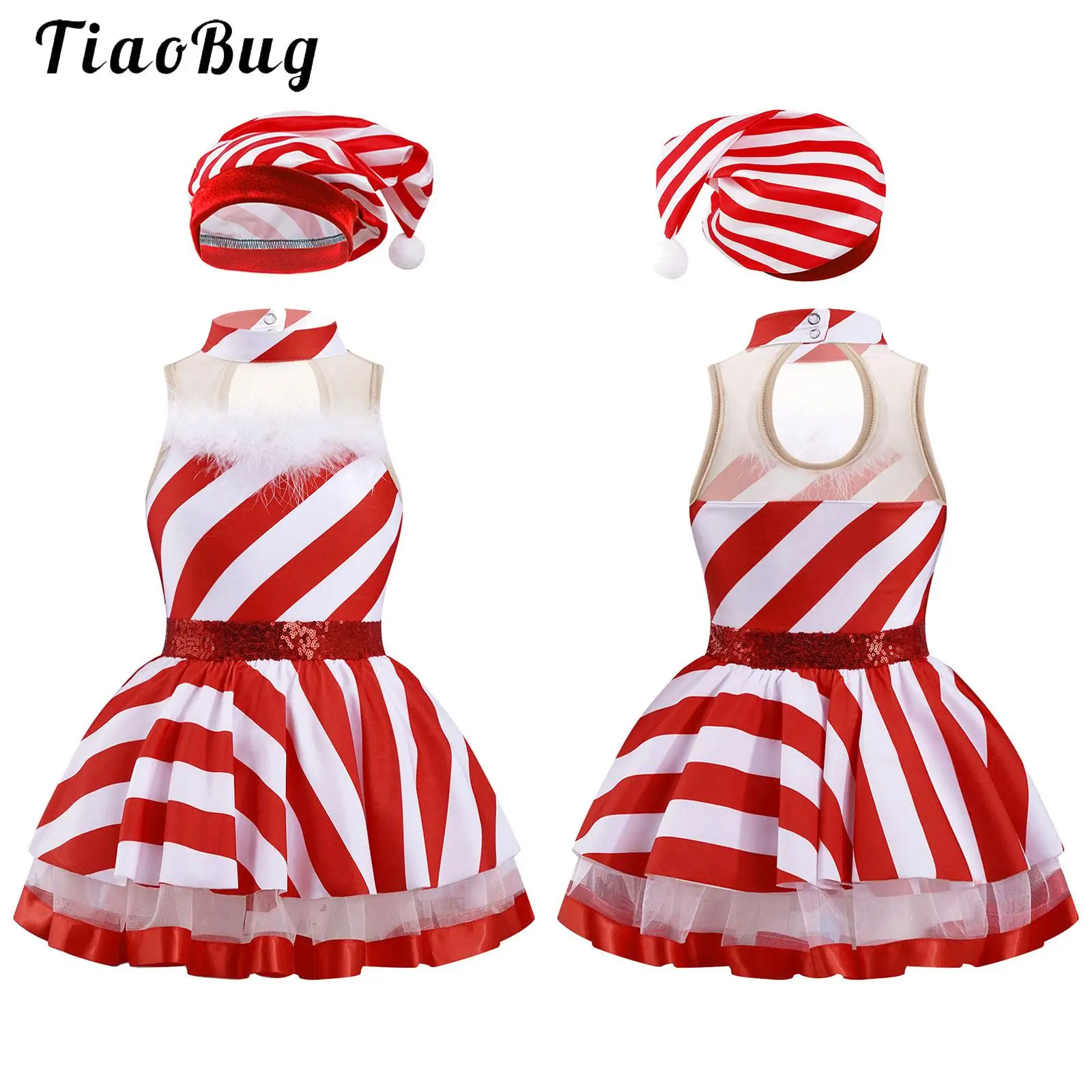 

Girls Candy Cane Christmas Party Costumes Striped Sequins Santa Claus Dress-up Outfit Ballet Skating Tutu Leotard Dress with Hat